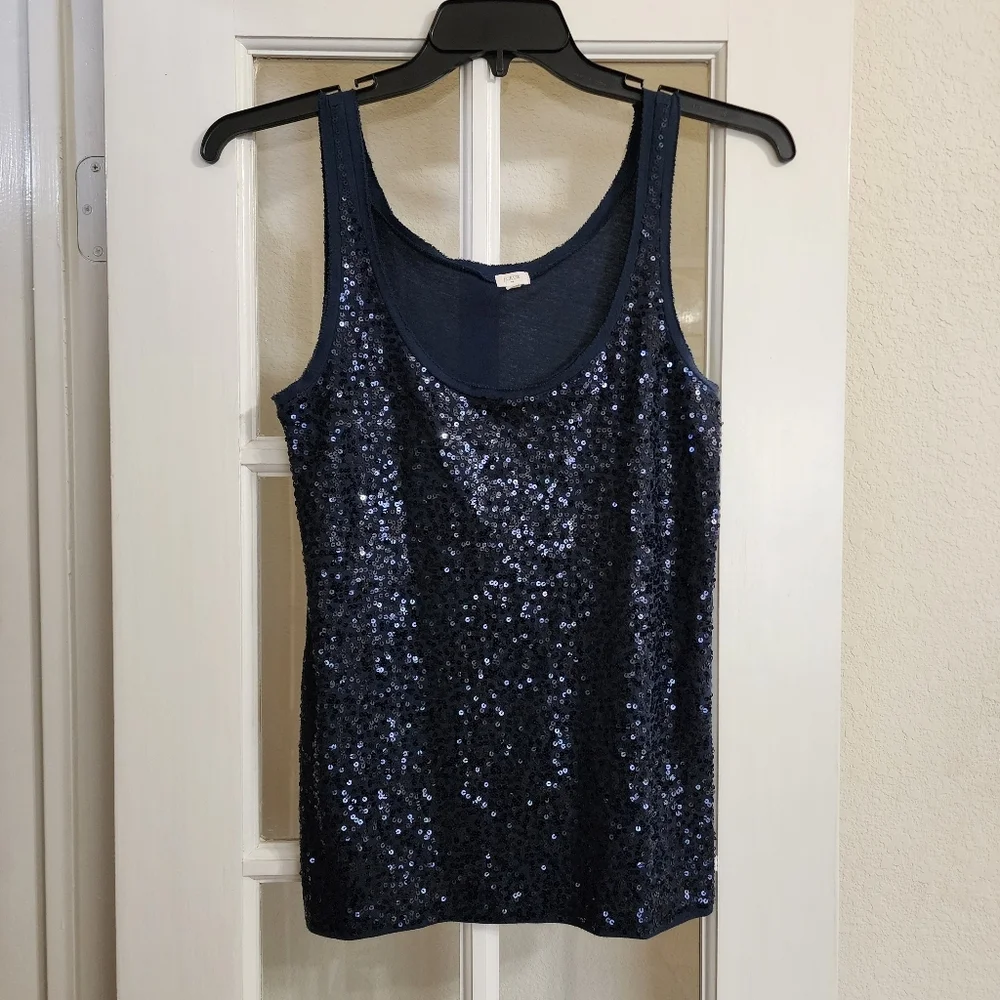 J.Crew Navy Sequin Tank Top Small Crew Neck Raw Edge Sleeveless